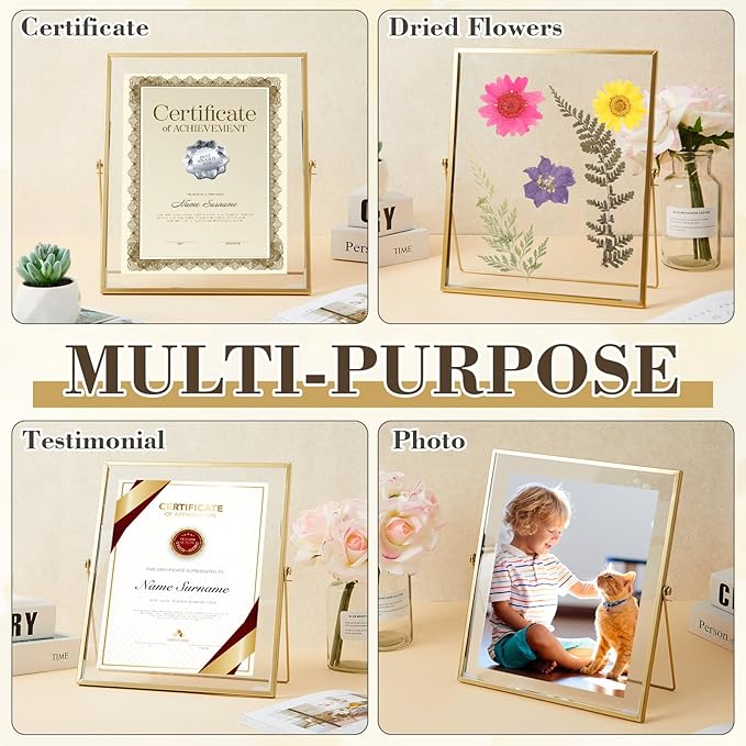 Hoteam 6 Pieces 8x10 Inch Gold Floating Frame Glass Picture Photo Frame Bulk Metal Vintage Geometric Vertical Tabletop Display or Wall Mounting Decor