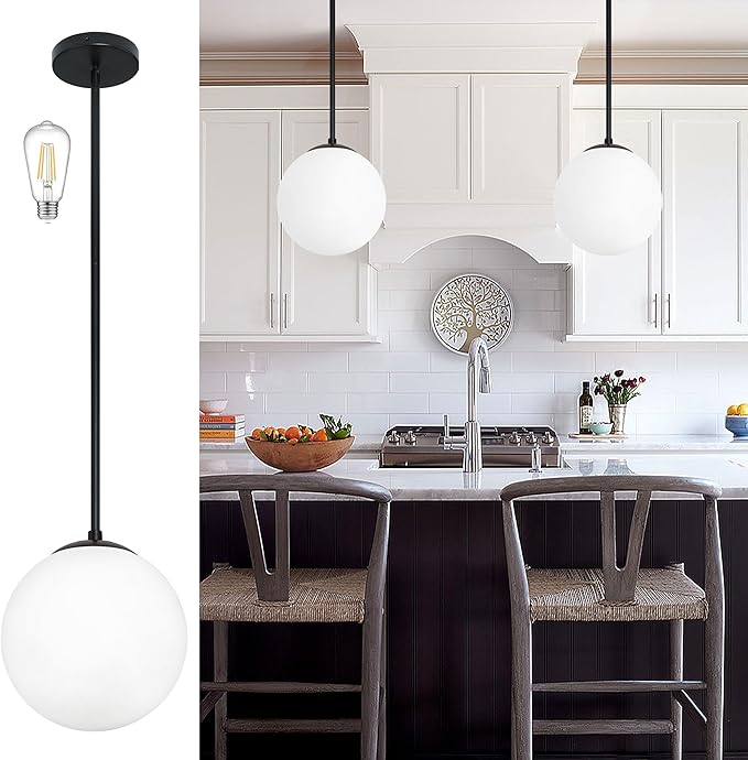 10 Inch Globe Pendant Light Contemporary Globe Pendant Lights Black Mid Century Pendant Light Adjustable Hanging Light Fixture Matte Black Finished with Milk Glass Lampshade for Kitchen Island