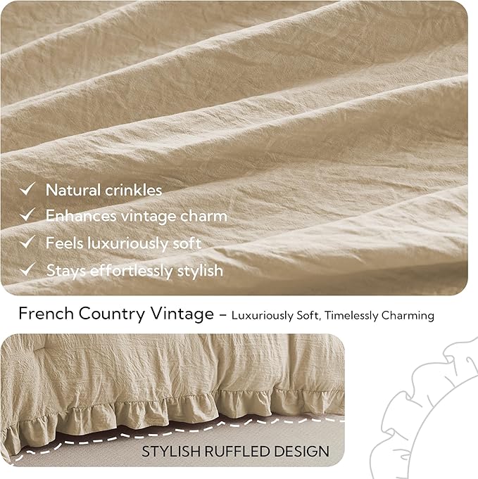 MR&HM Full Ruffle Comforter Set Linen, Farmhouse Shabby Chic Bedding Comforter Set, Boho Bed in a Bag Set 7 Pieces with 1 Comforter, 1 Flat Sheet, 1 Fitted Sheet, 2 Pillowcases & 2 Pillow Shams