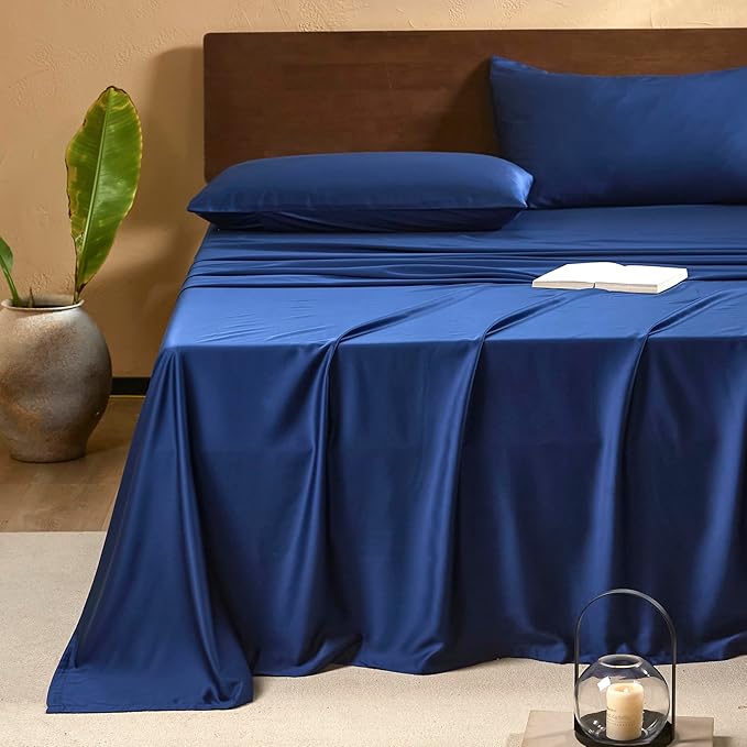 EVERLY King Sheets Set,Luxuriously 400 Thread Count Organic Viscose Derived from Bamboo Bed Sheet,Cooling Sheets for King Size 4 Piece Deep Pockets Bedding Sheets &Pillowcases-Navy Blue