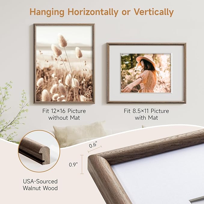 12x16 Picture Frame Set of 3 - Solid Walnut Wood Picture Frames with HD Tempered Glass, Handcrafted Rounded Corner 12 x 16 Wooden Frame Matted to 8.5x11 Photos, Horizontal or Vertical Wall Display