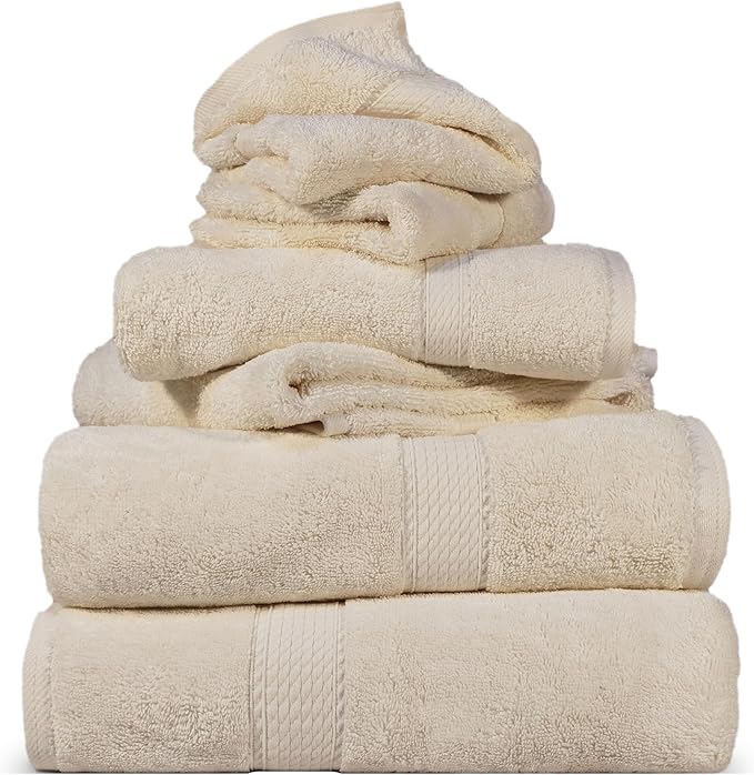 Superior Egyptian Cotton Pile 6 Piece Towel Set, Includes 2 Bath, 2 Hand, 2 Face Towels/Washcloths, Ultra Soft Luxury Towels, Thick Plush Essentials, Guest Bath, Spa, Hotel Bathroom, Cream