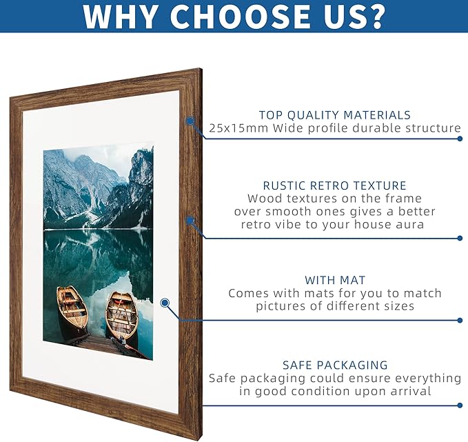 11x17 Frame Set of 2, Rustic Brown Wood Style - Display 11 x 17 Poster without Mat or 8x12 Picture with Mat, Wall Mounting Horizontal and Vertical