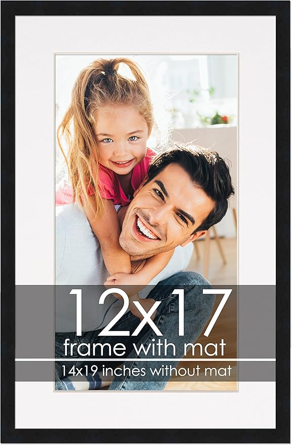 12x17 Frame with Mat - Black 14x19 Frame Wood Made to Display Print or Poster Measuring 12 x 17 Inches with White Photo Mat