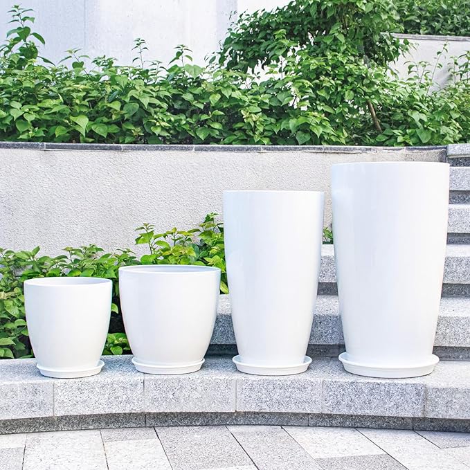 ZMTECH 24/21/12/10" H Large Plastic Planters with Drainage Hole and Saucer -Set of 4 Tall Plant Pots for Indoor & Outdoor Use,White Glossy Smooth Lightweight Flower Pot for Front Porch Patio Deck