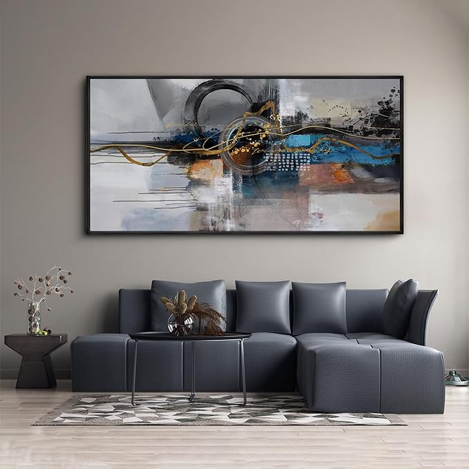 XLSJERST Large Abstract Frame Wall Art - Black and Blue Cnavas Framed Artwork for Walls Modern Minimalist Boho Gray Pictures Wall Decor for Living Room Bedroom Office Home Decoration 24x48 Inches