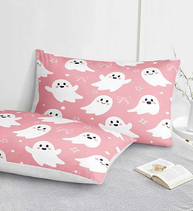 Cartoon Ghost Bedding Set Pink Halloween Comforter Set for Girls Kids Shy Ghost Kawaii Halloween Decor Ghost Festival Theme Pink and White Bedding Comforter Set King Size