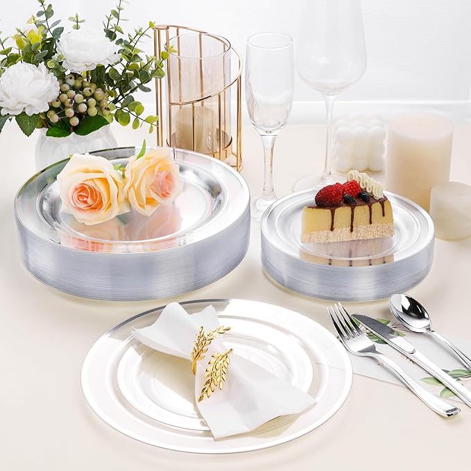100PCS Clear Plastic Plates for Party, 10.25 Inch Heavy Duty Dinner Plates with Silver Rim, Disposable Plates for Wedding and Birthday