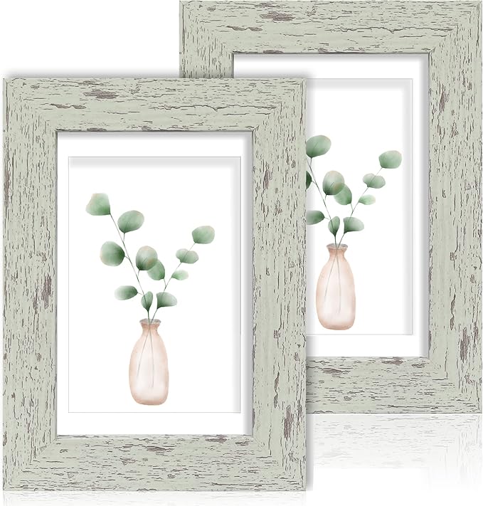 5x7 Picture Frame Set of 2, Made of Real Glass and Sage Green Wooden Frame - Display Pictures 4x6 with Mat or 5x7 Without Mat, 5 by 7 Photo Frame for Wall or Tabletop Display