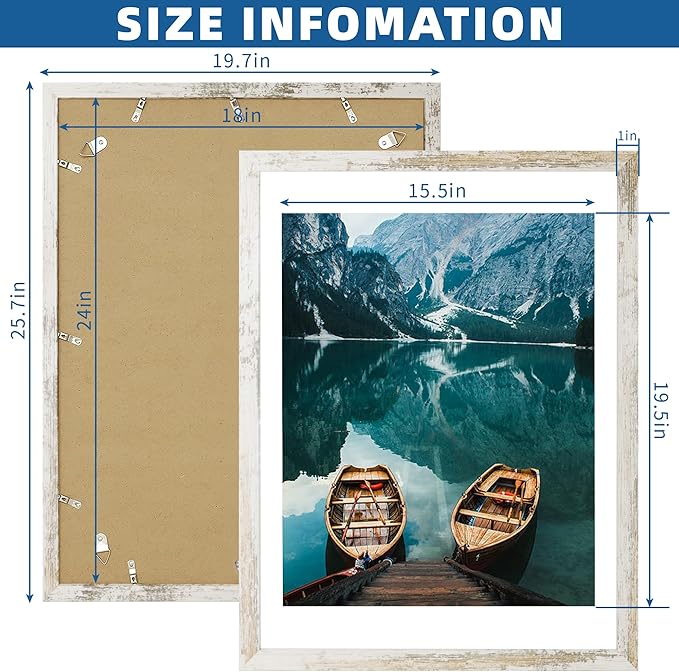 18x24 Frame Set of 2, Distressed White Wood Style - Display 18 x 24 Poster without Mat or 16x20 Picture with Mat, Wall Mounting Horizontal and Vertical
