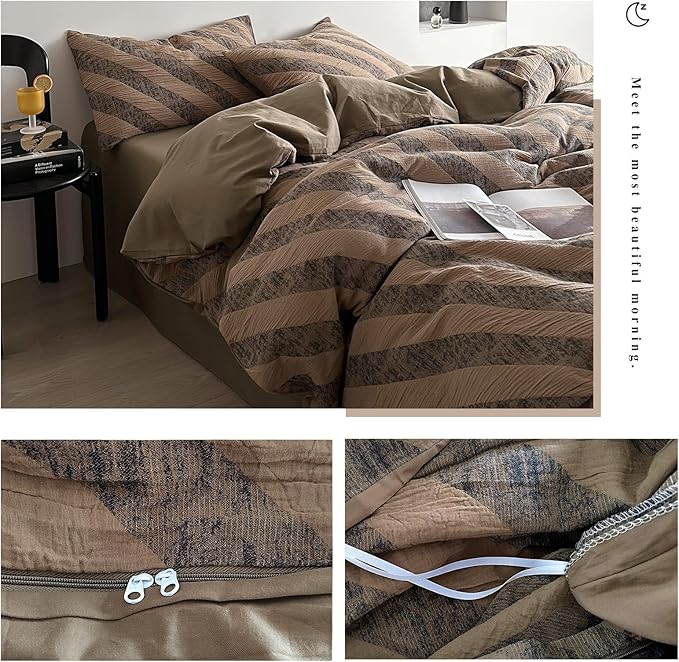 VM VOUGEMARKET Striped Bedding Duvet Cover King,3 Pieces Grey Khaki Diagonal Stripes Duvet Cover Sets,Linen Cotton Modern Simple Jacquard Comforter Cover with Zipper Ties