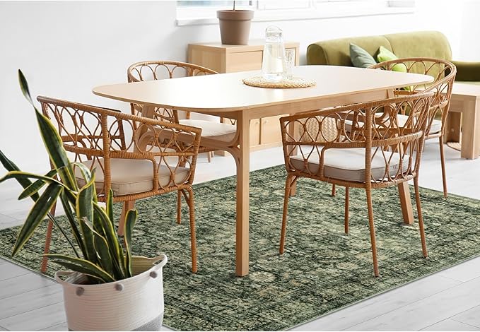 Morebes Vintage Living Room Rugs 6x9,Washable Green Area Rug Non Slip,Distressed Soft Floral Dorm Rug Boho Mat,Large Indoor Accent Floor Carpet for Nursery Kitchen Coffee Table Dining