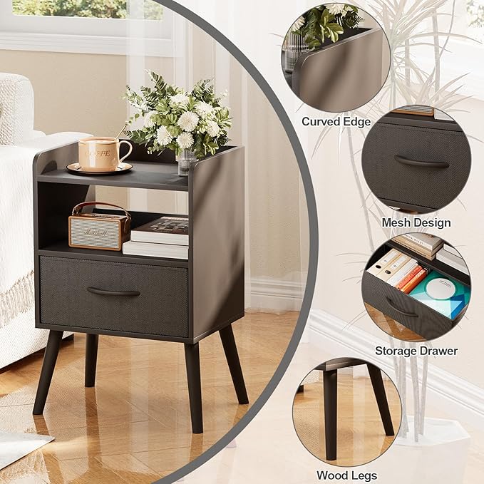 NightStand with Open Shelf,Night Stand with Drawer Storage Side Table End Tables,Bedside Table with Solid Wood Feet,Mid Century Night Stands for Bedroom Sofa Couch Small Spaces (Black)