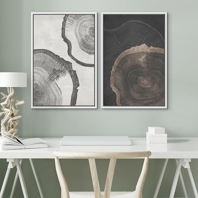 SIGNWIN Framed Canvas Print Wall Art Wood Tree Rings Abstract Illustrations Minimalist Modern Wall Art Neutral Boho Decor for Living Room, Bedroom, Office - 16"x24"x2 White