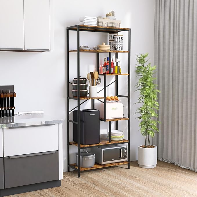 Book Shelf, 5 Tier Bookcase, Tall Bookshelf Modern Book Case for Books, Ornament, Free Standing Storage Organizer for Bedroom Home Office Kitchen Living Room (Rust Brown, 6-Tier)