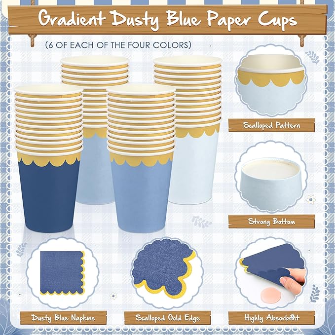 169 Pcs Dusty Blue Plates and Napkins Party Supplies for Guests Blue Tableware Include Scalloped Plates Paper Napkin Cup Spoon Fork Knife for Baby Shower, Wedding, Birthday