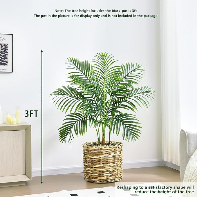 Artificial Fake Palm Tree 3FT Tropical Faux Palm Trees in Pot with 9 Trunks and Real Bark Design Areca Floor Plant Faux Palm Plant for Indoor Outdoor Home Decor