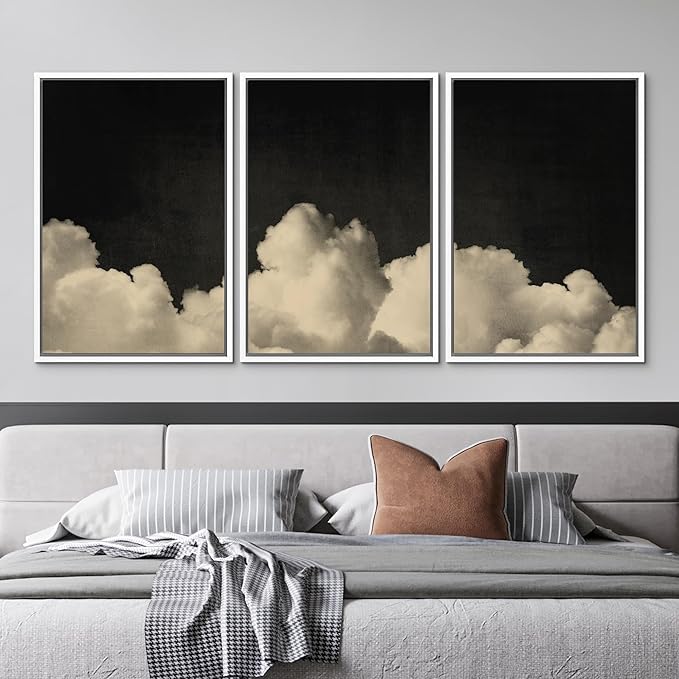 MUDECOR Framed Canvas Print Wall Art Dramatic Cloudscape Black and Beige Sky Illustrations Realism Decorative for Living Room, Bedroom, Office - 16"x24"x3 White