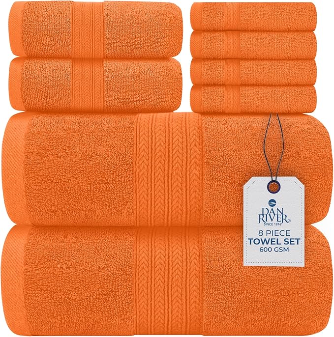 DAN RIVER 8 PC Luxury Bath Towels for Bathroom, 2 Bath, 2 Hand, and 4 Wash Cloths, 600 GSM 100% Ring Spun Cotton Towel Set, Highly Absorbent, Gym, Hotel, and Spa, Orange