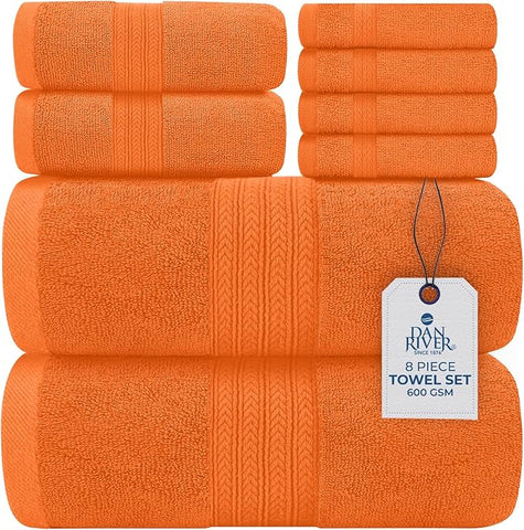 DAN RIVER 8 PC Luxury Bath Towels for Bathroom, 2 Bath, 2 Hand, and 4 Wash Cloths, 600 GSM 100% Ring Spun Cotton Towel Set, Highly Absorbent, Gym, Hotel, and Spa, Orange
