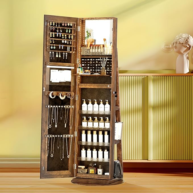 LED Mirror Jewelry Cabinet Standing, Jewelry Armoire with Full-Length Mirror, 360° Swivel Jewelry Cabinet with Adjustable LED Lights, Rustic Brown
