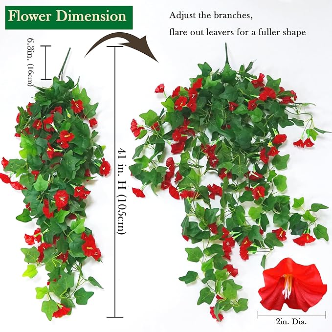 4 PCS Faux Hanging Plants Outdoor Artificial Hanging Red Flowers for Outdoors Faux Outdoor Plants for Planters Look Real for Outside Home Indoor Porch Patio Yard Decor