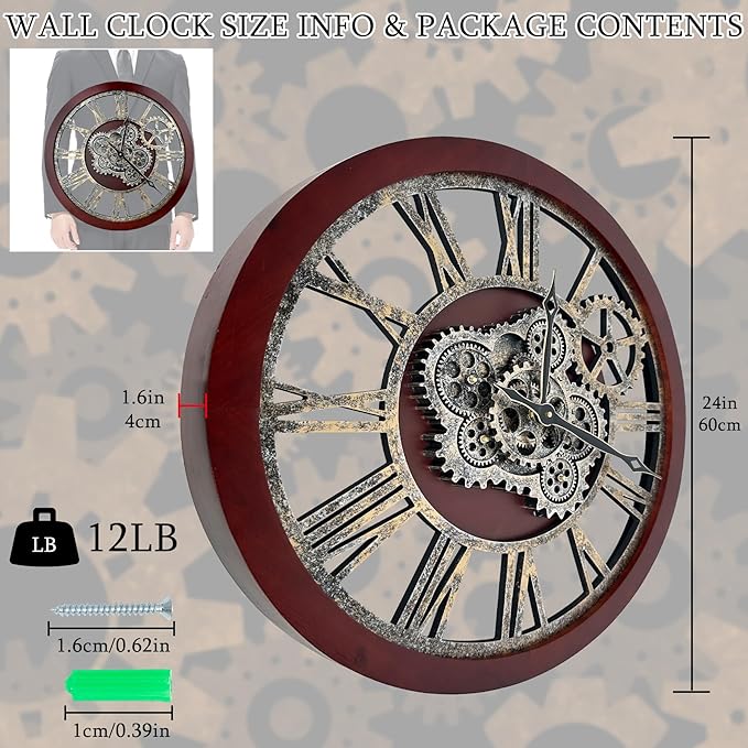 HOIBAI 18 Inch Big Moving Gears Farmhouse Vintage Rustic Roman Oversized Wall Clock for Home Bedroom Kitchen Decor