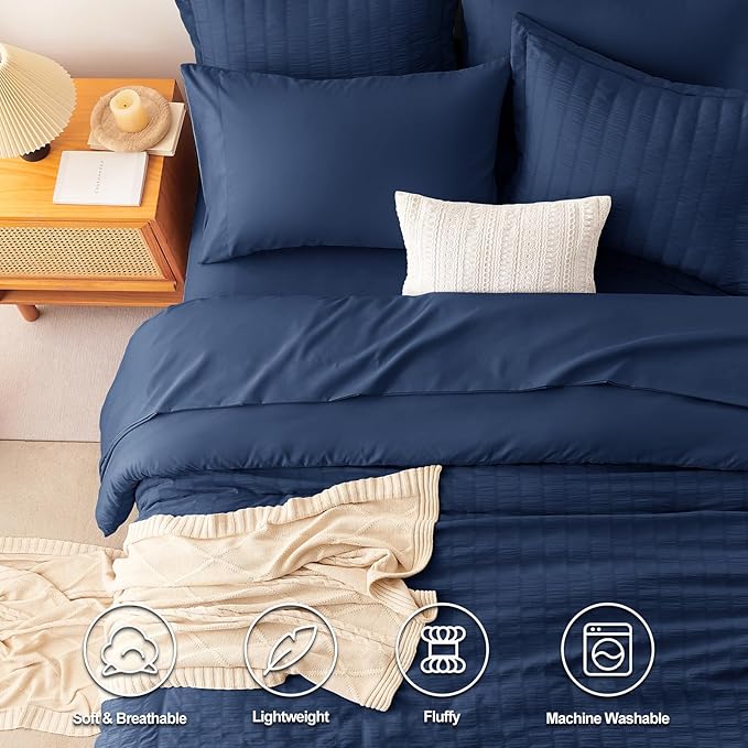 CozyLux Full Size Comforter Sets with Sheets Seersucker 7 Pieces Navy Blue Bed in a Bag Textured Luxury Soft Bedding Set with Down Alternative Comforter, Sheets, Pillowcases & Shams for All Seasons