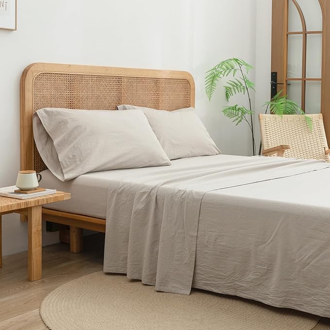 BESTOUCH Sheet Set 100% Washed Cotton Linen Feel Super Soft Comfortable Chic Lightweight 4 Pcs Home Bedding Set Solid Linen Grey Full