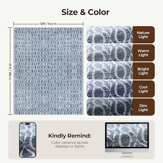 WITSHOCK 12x15 Area Rugs: Washable Non-Slip Soft Geometric Boho Print Pattern Large Thin Indoor Rug for Living Room Bedroom Dining Room, Carpet for Nursery Playroom Decor, Kid & Pet Friendly, Blue