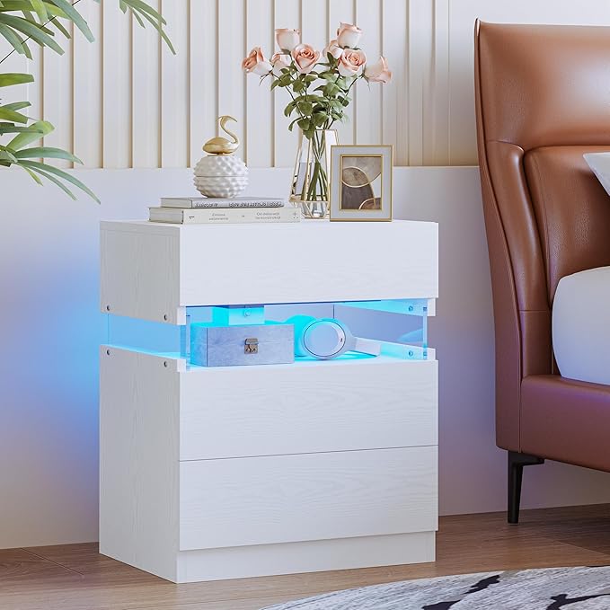 IRONCK Night Stand, LED Nightstand with 3 Drawers, Modern Bedside Table with Storage, End Table for Bedroom, White