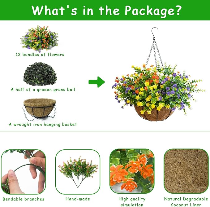 Artificial Hanging Plants Flowers with Basket for Spring Summer Outdoor Decoration, Yellow Purple White Orange