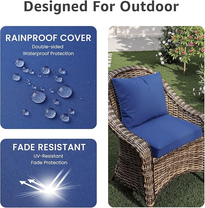 Outdoor Chair Cushions 19 x 19 x 3 Inch, Waterproof & Fade Resistant Patio Seat Cushion for Furniture with Handle and Ties, Thick Seating Pads for Outside Sofa Couch Set of 2, Blue