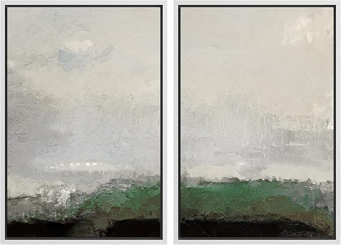 MUDECOR Framed Canvas Print Wall Art Set Watercolor Pastel Green Gray Landscape Abstract Shapes Illustrations Modern Art Decorative for Living Room, Bedroom, Office - 24"x36"x2 White