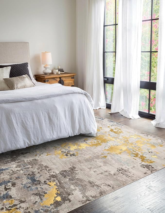 vivorug 9x12 Area Rugs for Living Room, Non Slip Machine Washable Modern Abstract Rug, Ultra-Thin Lightweight Large Area Rug Carpet for Bedroom, Dining Room, Low Pile Grey/Mustard