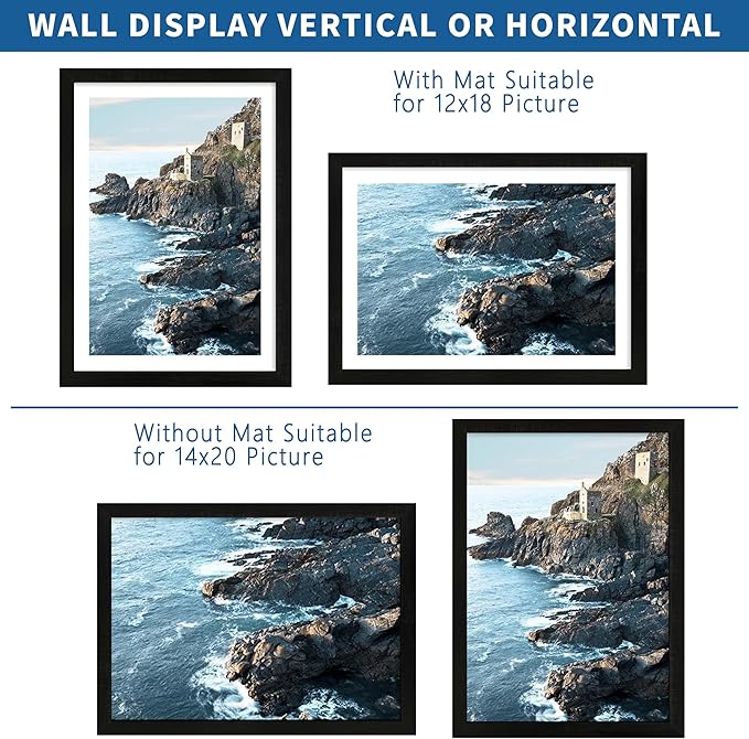14x20 Picture Frame Set of 2, Rustic Black Wood Style - Display 14 x 20 Picture without Mat or 12x18 Picture with Mat, Wall Mounting Horizontal and Vertical
