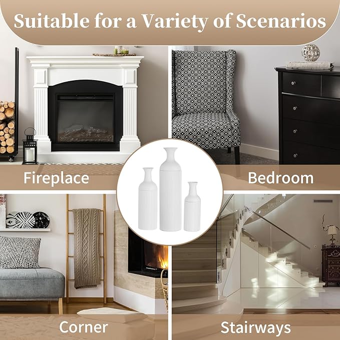 Sziqiqi White Tall Floor Vase: Large Ribbed Metal Vases 27/20/16in for Living Room, Modern for Pampas Grass, Oversized Standing Vase for Fireplace, Home Corner, Hallway, Office