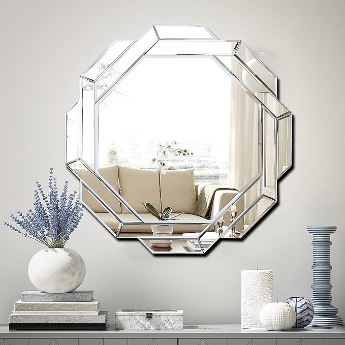 Hlartdecor Helicoid Frameless Beveled Decor Silver Polished Mirror for Wall Decorating(23.6X23.6inches).HFY Hexagon Decorative Mirror.