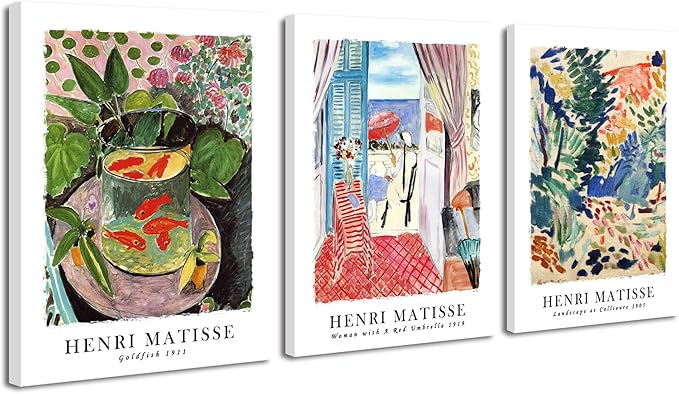 Wieco Art Canvas Wall Art Set of 3 Henri Matisse Aesthetic Posters Woman with A Red Umbrella Goldfish Landscape at Collioure Art Exhibition Matisse Prints Posters for Home Decorations