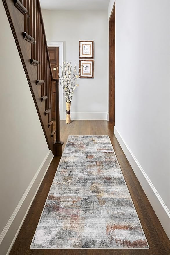 vivorug Runner Rug 2'x8' Machine Washable Non-Slip Runners for Hallways Kitchen Entryway Laundry Room Modern Abstract Carpet Hallway Runner Grey/Rust