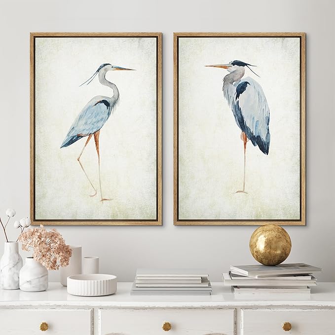 MUDECOR Framed Canvas Print Wall Art Heron Bird Illustrations Modern Art Decorative Bohemian Colorful Chic for Living Room, Bedroom, Office - 24"x36"x2 Natural