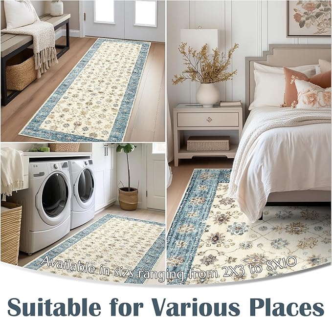 jinchan Area Rug 2x3 Washable Vintage Floral Rug Indoor Entryway Non-Slip Door Mats Soft Carpet for Living Room Bedroom Bathroom Home Office Blue