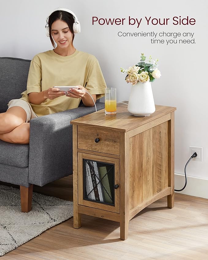 VASAGLE Side Table with Storage, End Table with USB Ports and Outlets, Nightstand with Charging Station, Drawer, Storage Cabinet, Magazine Rack, for Living Room, Bedroom, Rustic Walnut ULET312T41