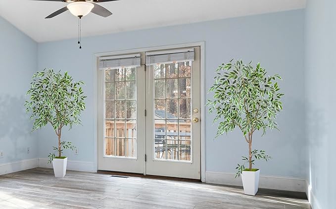 Artificial Ficus Tree 6ft, Fake Plant with White Tall Planter, Faux Ficus Leaves Trees in Pot, Artificial Floor Plants for Home Living Room Office Bedroom Garden Balcony Decor Indoor
