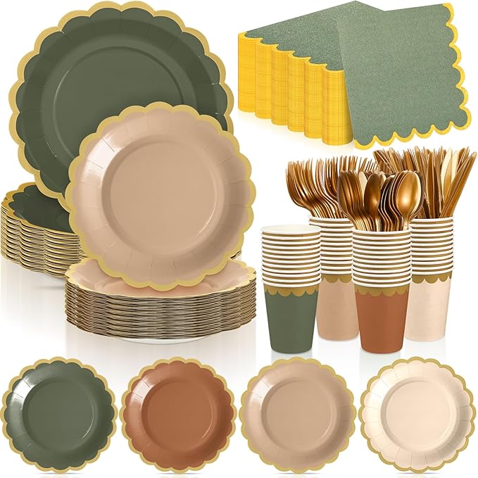 338 Pcs Sage Green and Brown Plates and Napkins Party Supplies for Guests Woodland Baby Shower Tableware Include Forest Scalloped Plates Paper Napkin Cup Spoon Fork Knife for Wedding Birthday