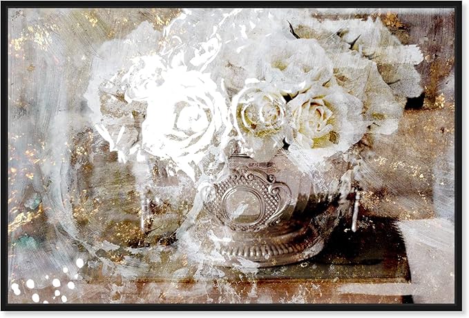 Floral and Botanical Framed Wall Art Canvas Prints 'Serving Roses' Florals, White/Gold, 45" x 30"