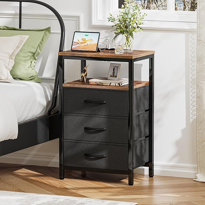 Huuger Nightstand with Charging Station, 27.6 Inch End Table Bedside Table with USB Ports and Outlets, Fabric Drawers, Night Stand for Bedroom, Rustic Brown and Black