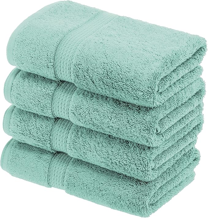 BLUENILEMILLS BNM Egyptian Cotton 4-Piece Towel Set, Includes 4 Hand Towels, Attached Loop for Easy Hanging and Storage, Hotel Quality, Perfect for Bathroom, Gym, Shower Space, or Spa, Sea Foam