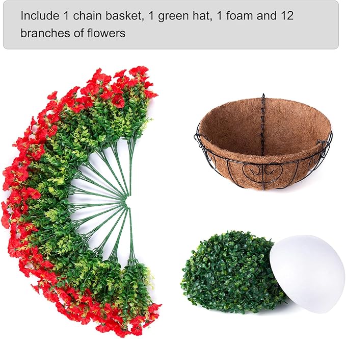 Artificial Fake Hanging Flowers Plants in Basket for Outdoor Decoration, 12 Pcs Faux Morning Glory in Planter Realistic UV Resistant Silk Flowers for Home Porch Patio Balcony Yard Outside, Red