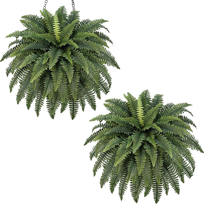 Fake Ferns, 42IN Large Fake Bush Plants, 2 Artificial Ferns with 65 Fronds for Outdoor Hanging Planter Home Decor, Realistic Maintenance-Free Greenery